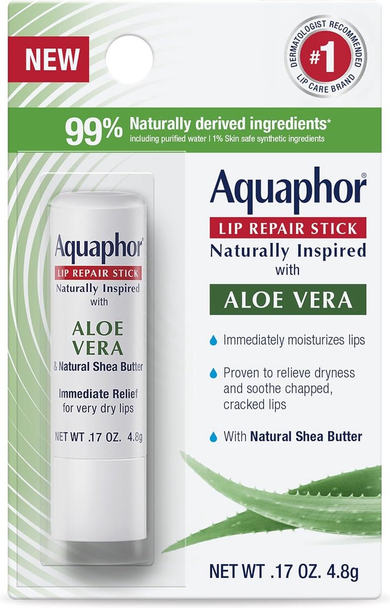 Aquaphor natuurlijk Lip Repair Stick met aloë vera en natuurlijke sheaboter - hydraterende lippenbalsemstick verlicht onmiddellijk droogheid en kalmeert gesprongen lippen,