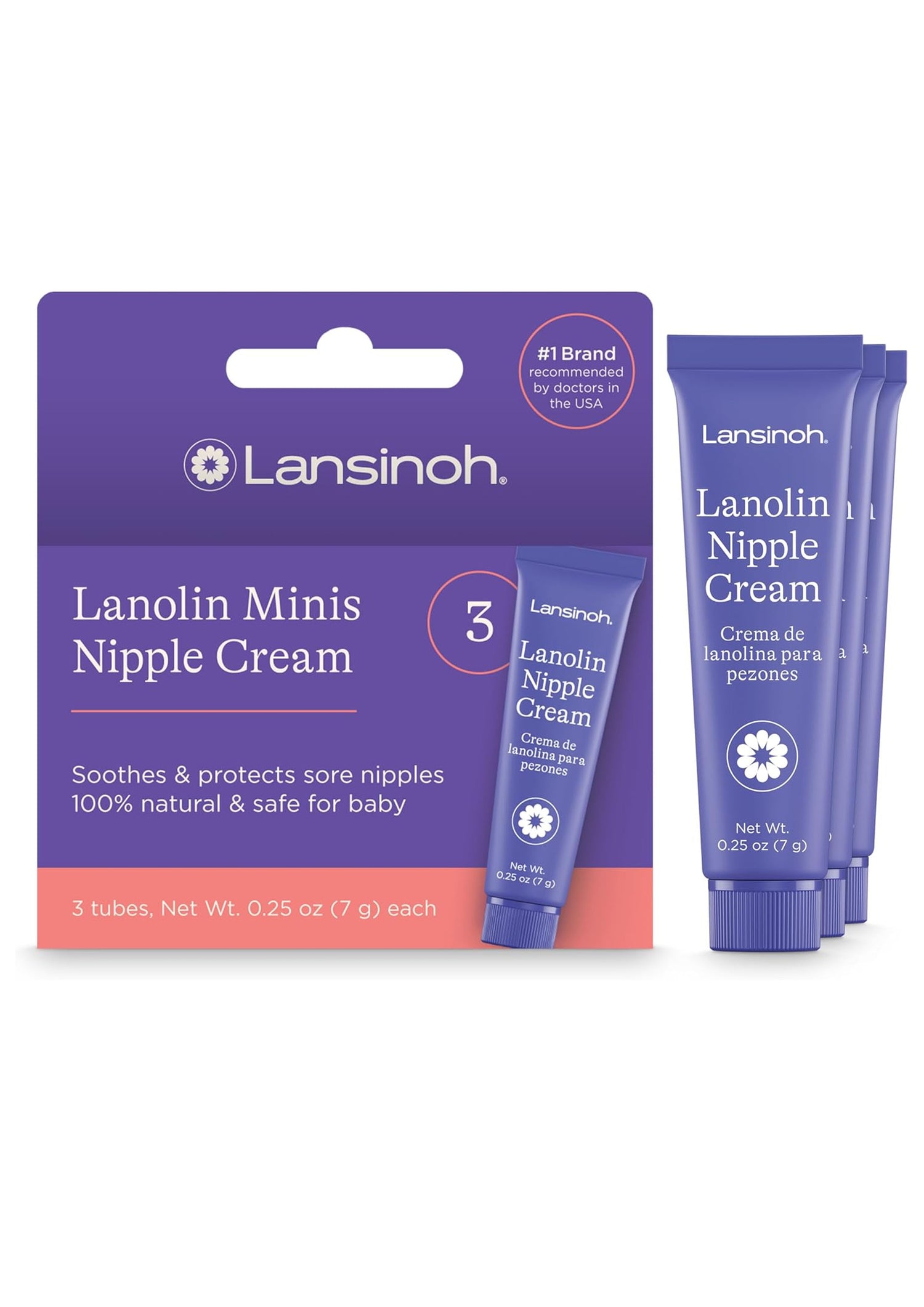 Lansinoh Lanoline Tepelcrème Veilig voor borstvoeding Baby, 100% natuurlijke - 3 minibuizen, elk 7 gram
