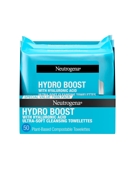 Neutrogena Hydro Boost Facial Cleansing Towelettes + Hyaluronic Acid - 100% Plant-Based Cloth, 2 x 25 ct