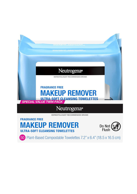 Neutrogena Cleansing Fragrance Free Makeup Remover Face Wipes - 100% Plant-Based Fibers, Twin Pack, 2 x 25