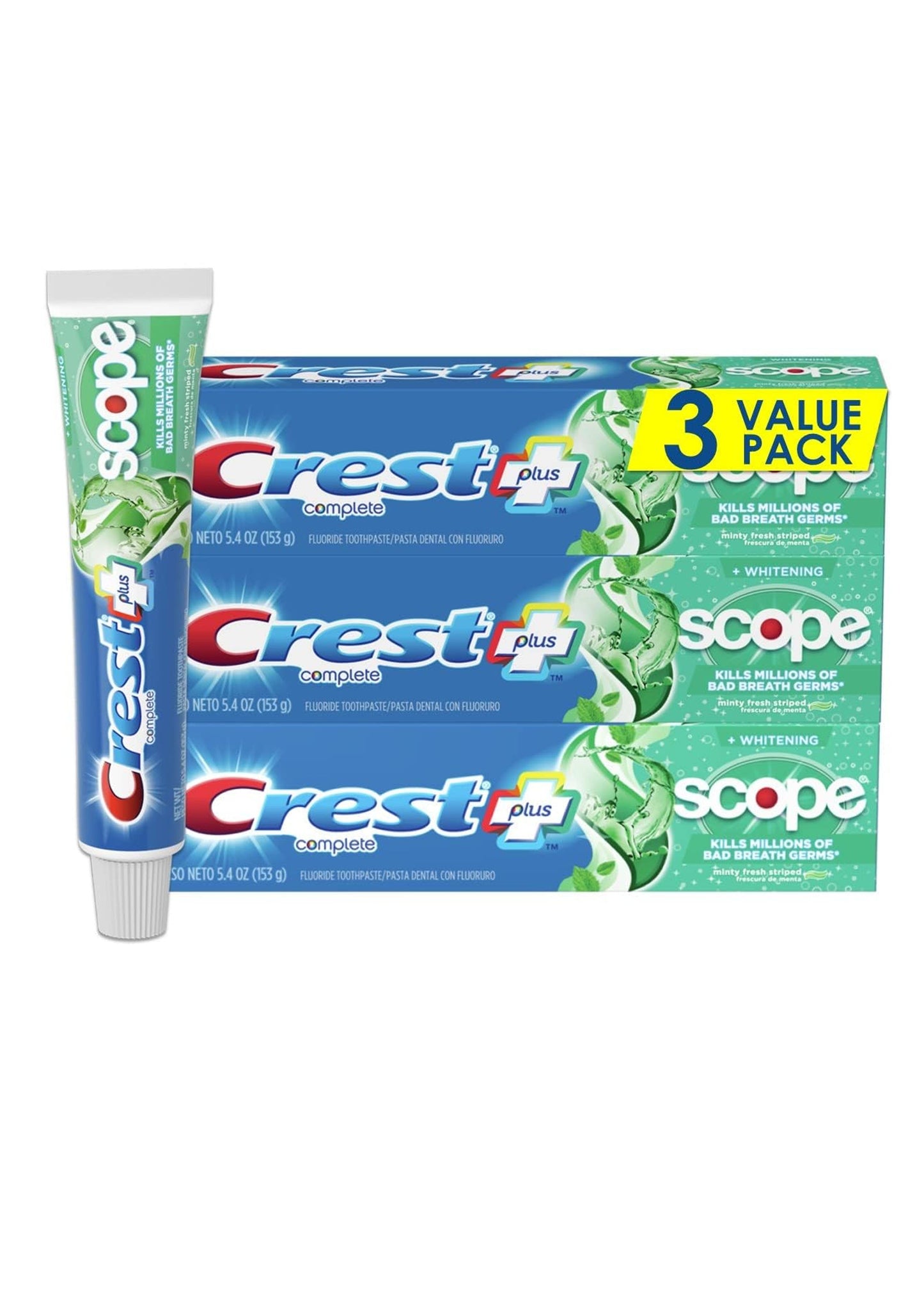 Crest + Scope Complete Whitening Toothpaste, Minty Fresh - 3 stuks