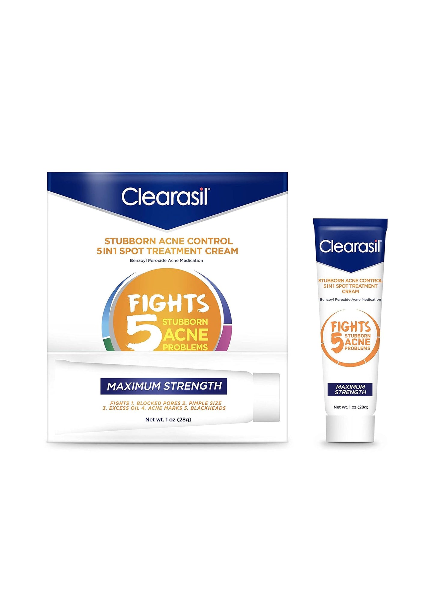 Clearasil Stubborn Acne Control 5in1 Spot Treatment Cream - 10% Benzoyl Peroxide, Acne - 28g