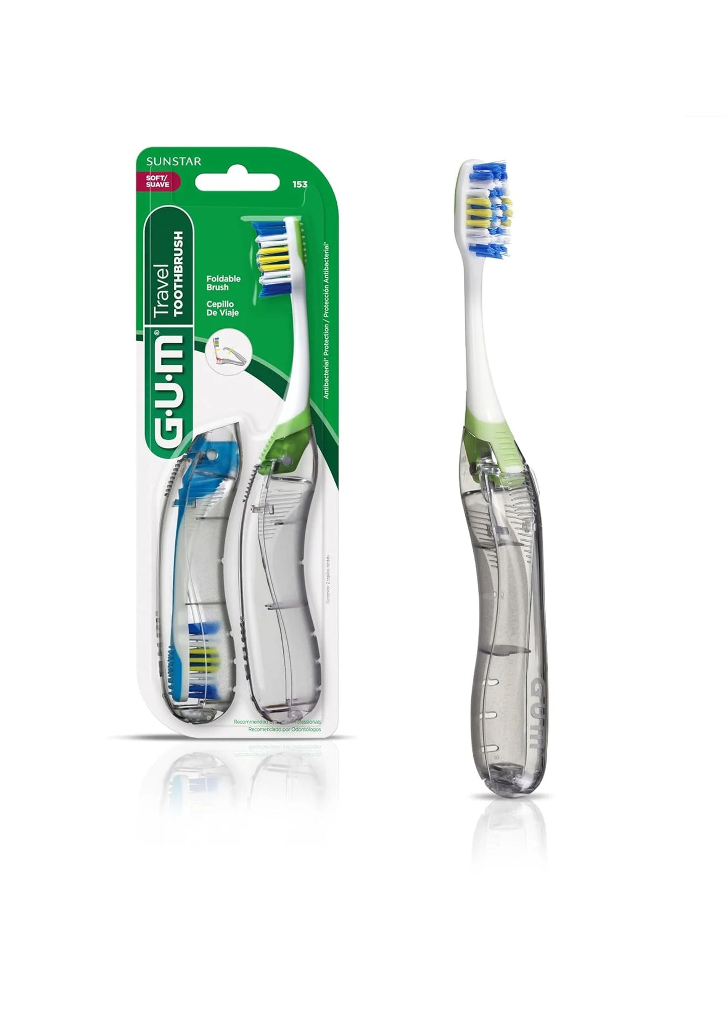 GUM Folding Travel Toothbrush, Compact Head + Tongue Cleaner, Soft Bristled Travel Toothbrushes